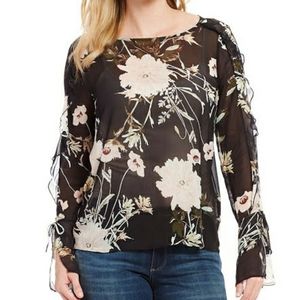Lucky Brand Sheer Floral Ruffle Top Blouse (Sz Small)